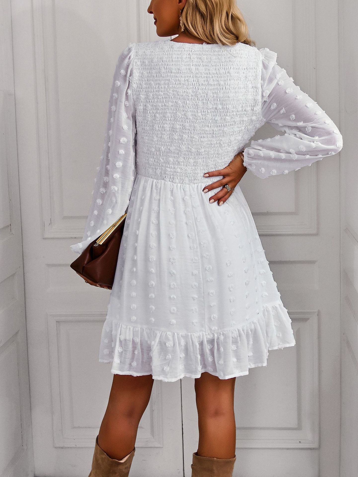 Casual Long Sleeves Short Daily Dresses-Dresses-White-S-Free Shipping Leatheretro