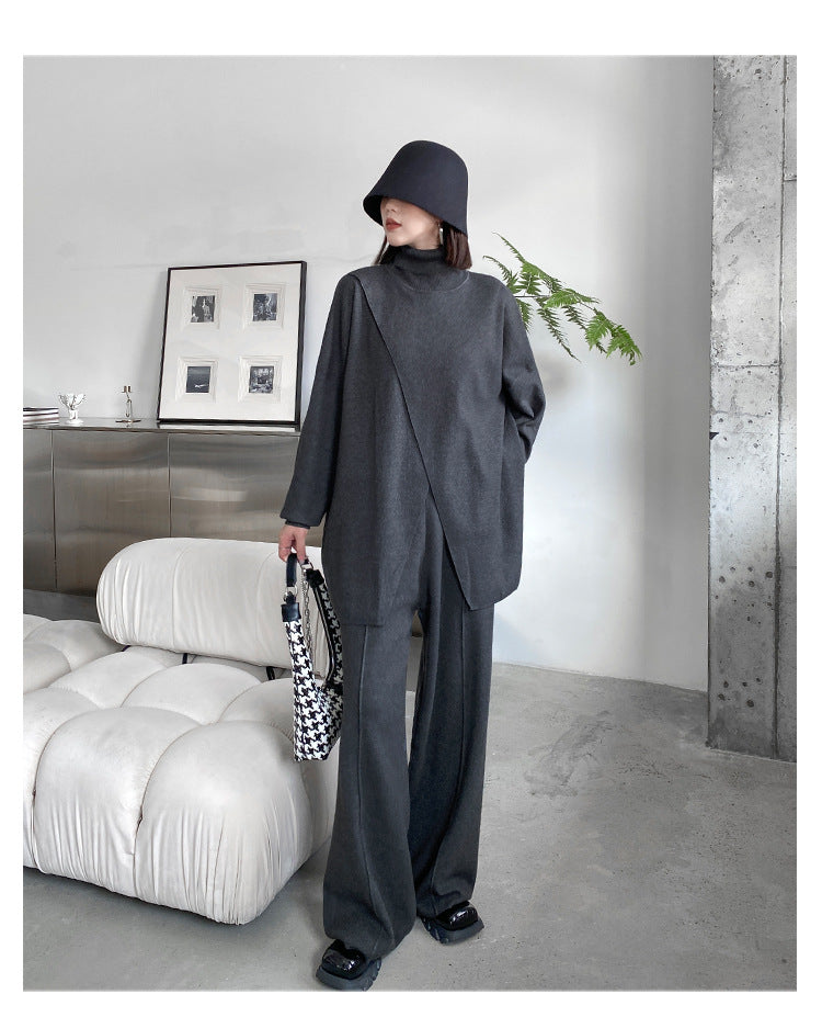 Fashion Turtleneck Sweaters and Wide Legs Pants Suits-Suits-Gray-One Size-Free Shipping Leatheretro