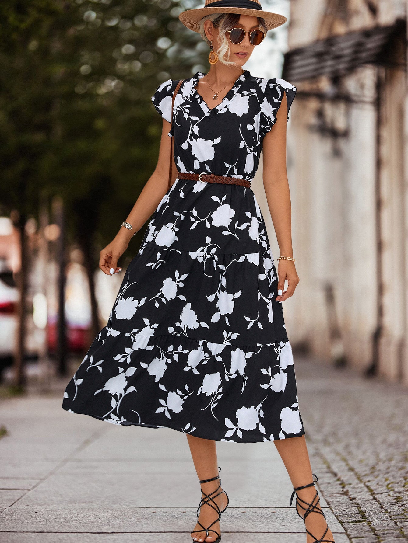 Casual V Neck Floral Print Women Dresses-Dresses-Black-S-Free Shipping Leatheretro