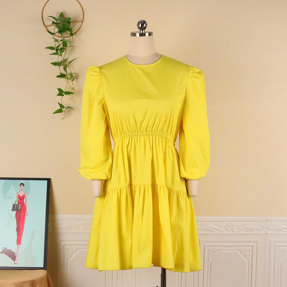 Yellow Women Ruffled Plus Sizes Short Dresses-Mini Dresses-Yellow-S-Free Shipping Leatheretro