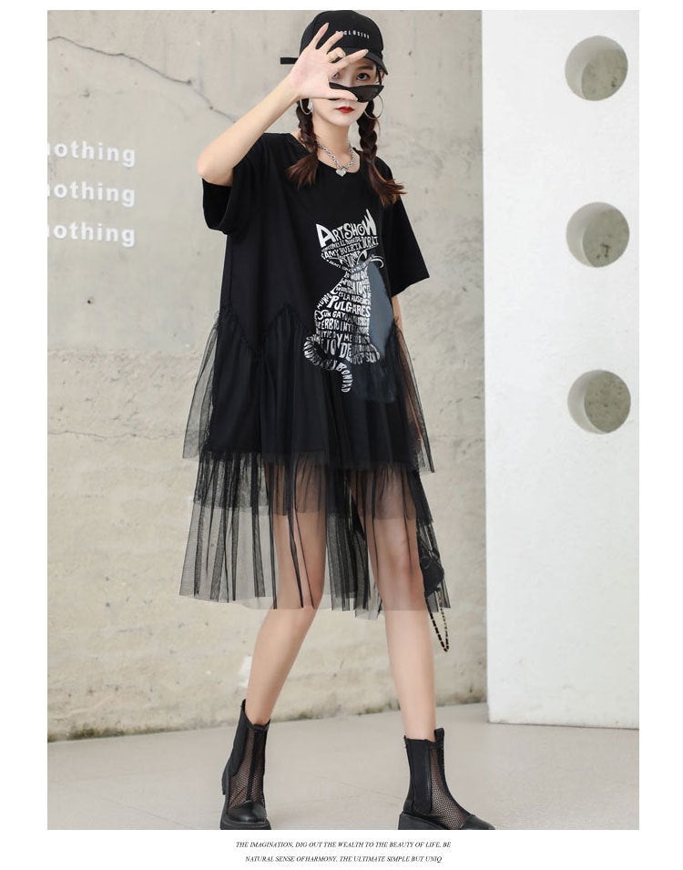 Cat Designed Tulle Loose Summer Black Midi Dresses-Dresses-Black-One Size-Free Shipping Leatheretro