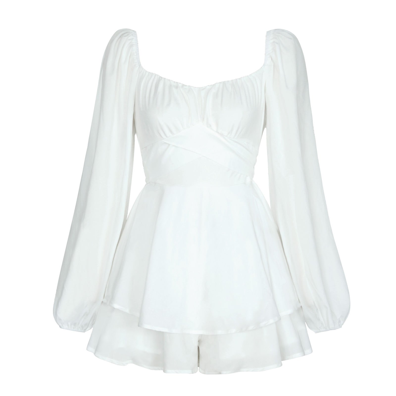 Fashion Square Neckline Ruffled Casual Dress Pants-White-S-Free Shipping Leatheretro