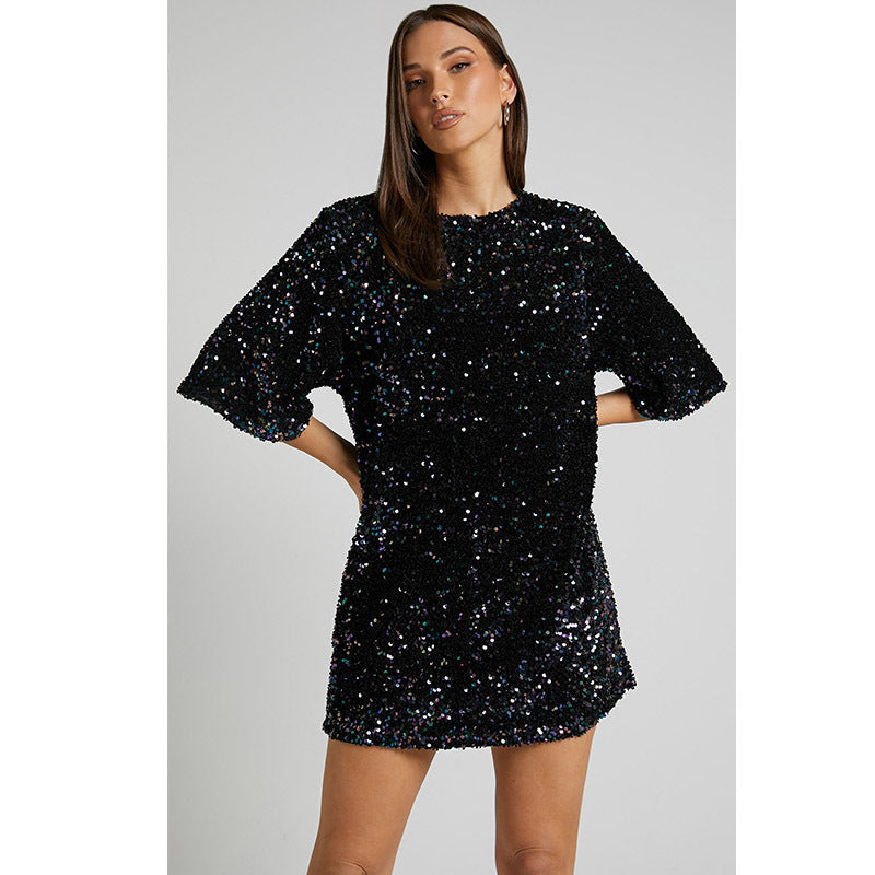 Fashion V Neck Sequined Backless Short Dresses-Dresses-Black-S-Free Shipping Leatheretro