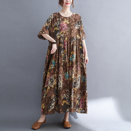 Vintage Linen Summer Long Dresses-Dresses-Coffee-One Size-Free Shipping Leatheretro