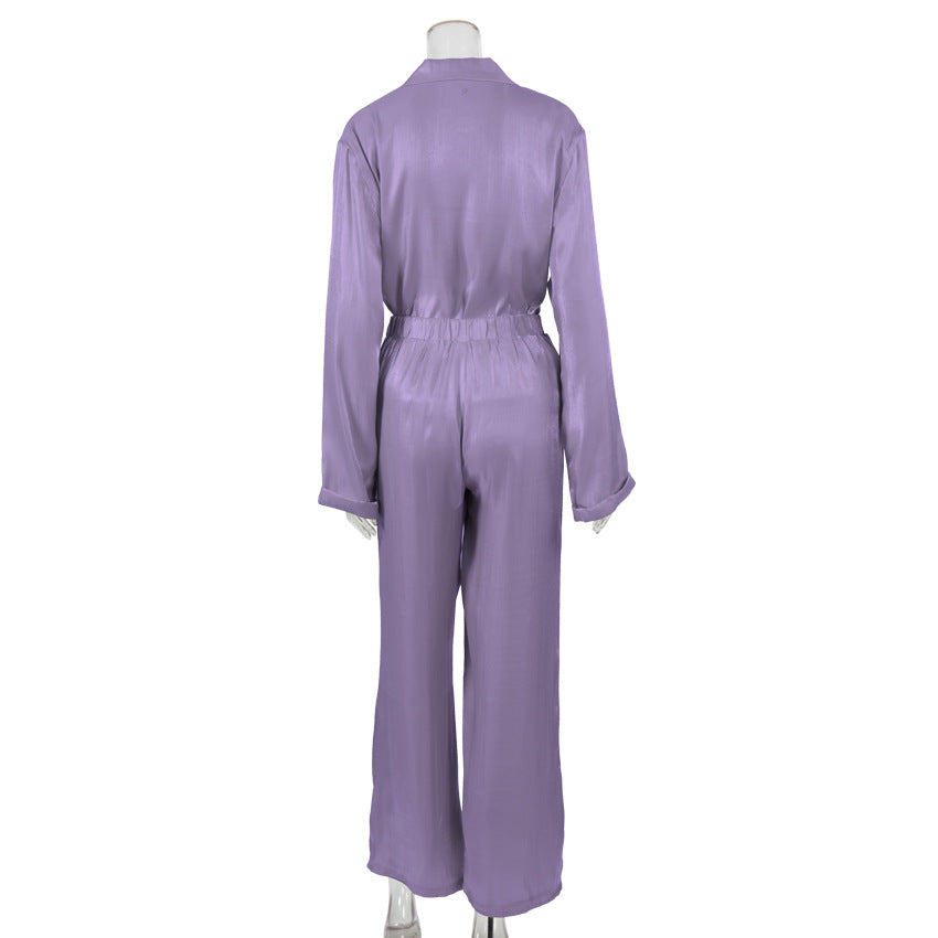 Classy Casual Women Long Sleeves Shirts and Wide Leg Pants-Suits-Purple-S-Free Shipping Leatheretro