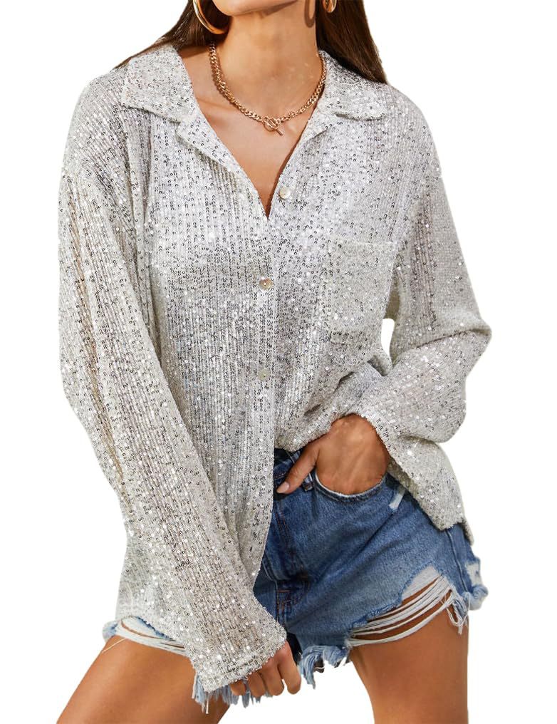 Fashion Sequined Long Sleeves Shirts-Shirts & Tops-Silver-S-Free Shipping Leatheretro
