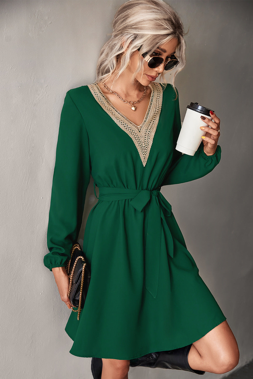 Fashion V Neck Long Sleeves Mini Dresses-Dresses-Green-S-Free Shipping Leatheretro