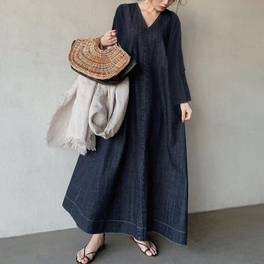 Autumn Long Sleeves V Neck Women Dresses-Dresses-Dark Blue-Length-120cm-Free Shipping Leatheretro