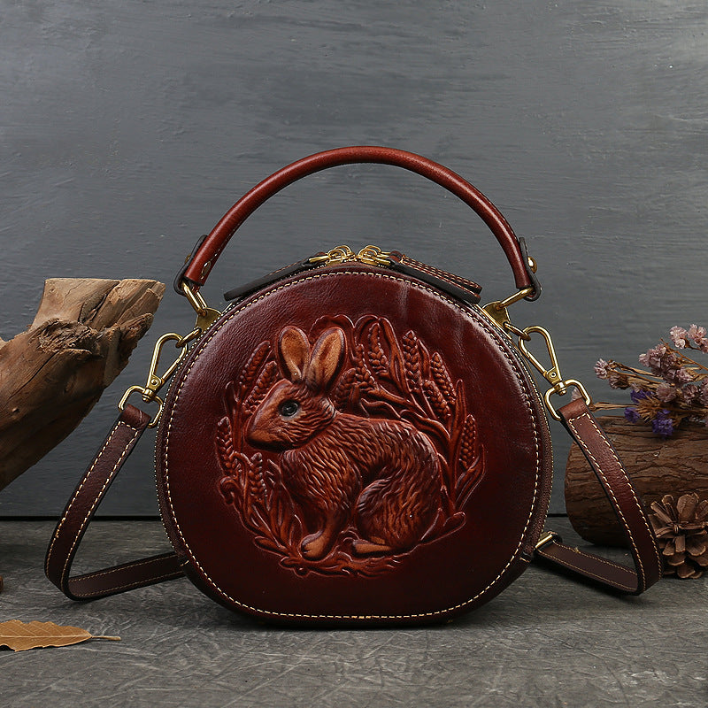 Vintage Embossing Rabbit Round Shape Shoulder Handbags 6223-Handbags-Coffee-Free Shipping Leatheretro