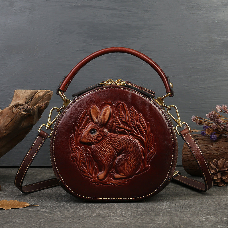 Vintage Embossing Rabbit Round Shape Shoulder Handbags 6223-Handbags-Green-Free Shipping Leatheretro
