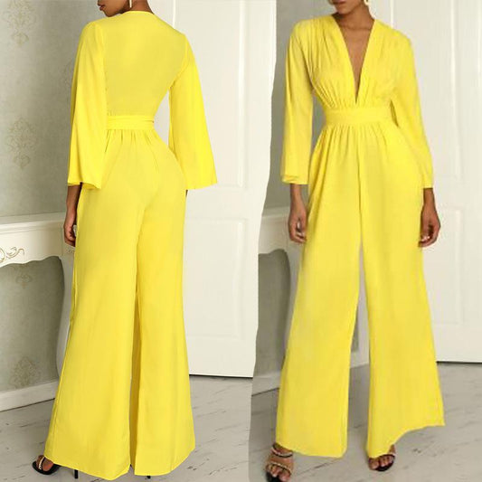 Yellow Long Sleeves V Neck Jumpsuits-Yellow-S-Free Shipping Leatheretro