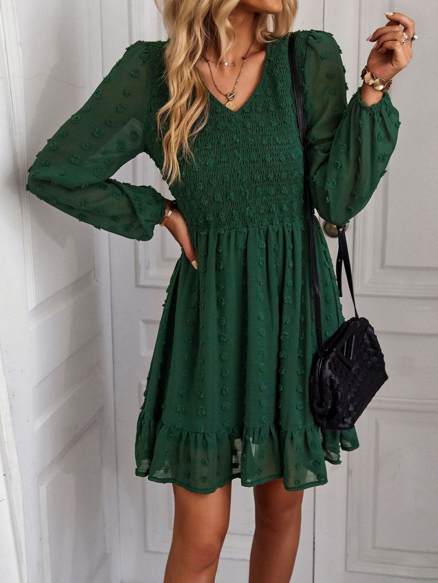 Casual Long Sleeves Short Daily Dresses-Dresses-Green-S-Free Shipping Leatheretro