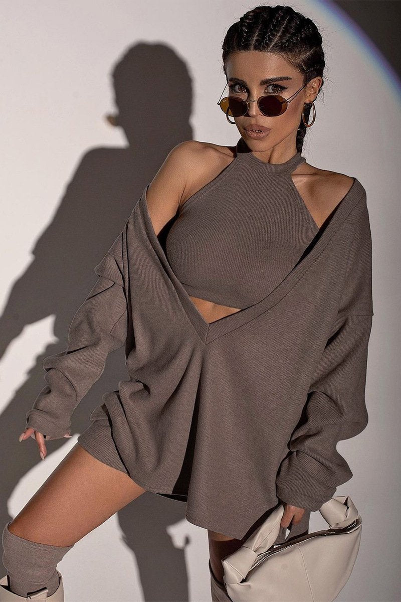 Sexy Knitting Tank Tops+Long Sleeves Pullover Sweaters Sets-Brown-S-Free Shipping Leatheretro