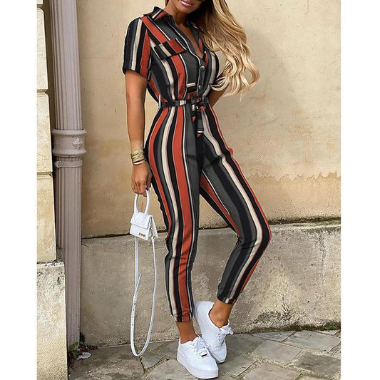 Summer Turnover Collar Leisure Jumpsuits-One Piece Suits-Letter-S-Free Shipping Leatheretro