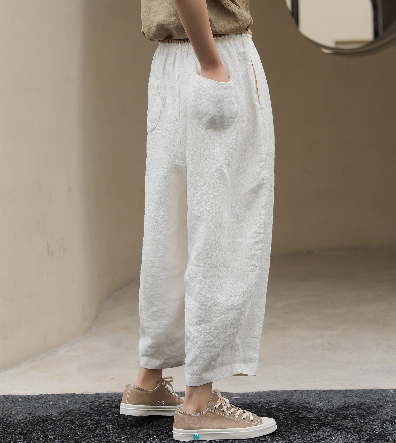 Casual Linen Elastic Waist Cropped Trousers for Women-Pants-White-S-Free Shipping Leatheretro