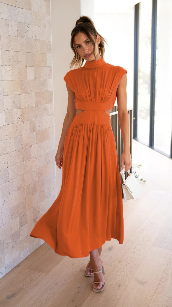 Fashion Stand Collar Waist Baring Summer Long Dresses-Dresses-Orange-S-Free Shipping Leatheretro