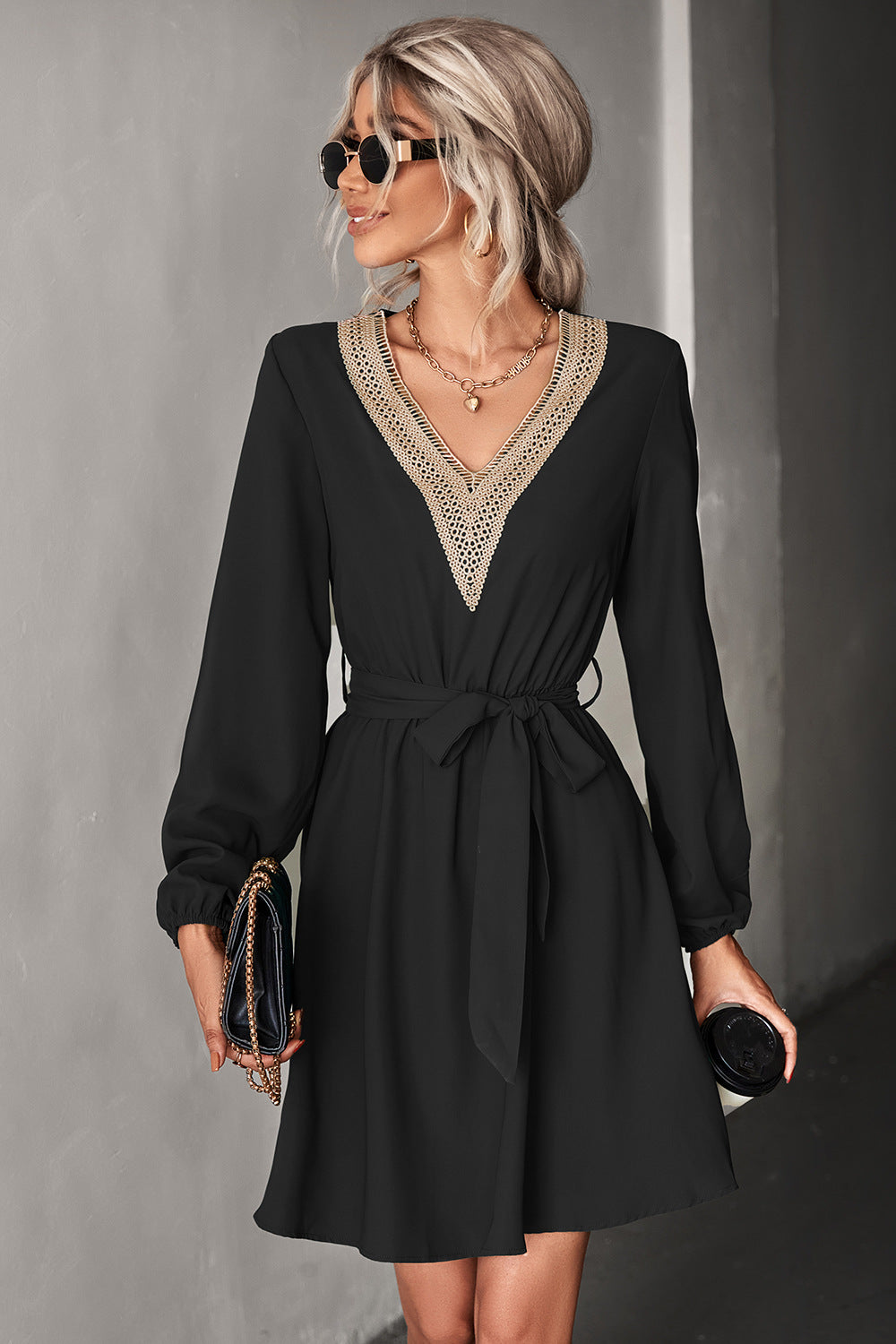 Fashion V Neck Long Sleeves Mini Dresses-Dresses-Black-S-Free Shipping Leatheretro