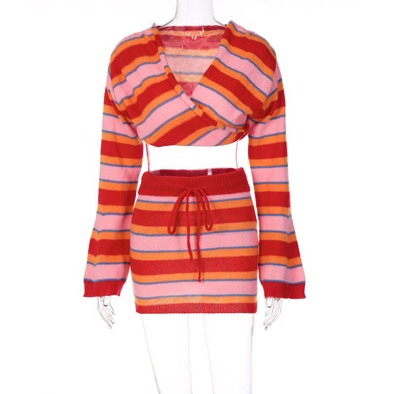 Red Striped Fall Knitted Women Dresses Suits-Dresses-Red-S-Free Shipping Leatheretro