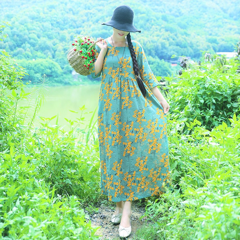 Ethinc Line Summer Half Sleeves Women Long Dresses-Dresses-Yellow Flower（756）-M-Free Shipping Leatheretro