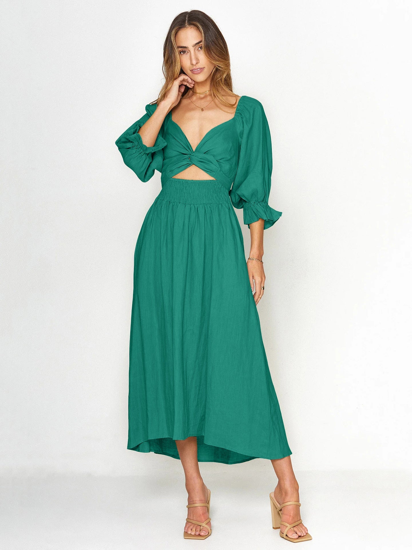 Summer High Waist Long Sleeves Double Sides Midi Dresses-Dresses-Green-S-Free Shipping Leatheretro
