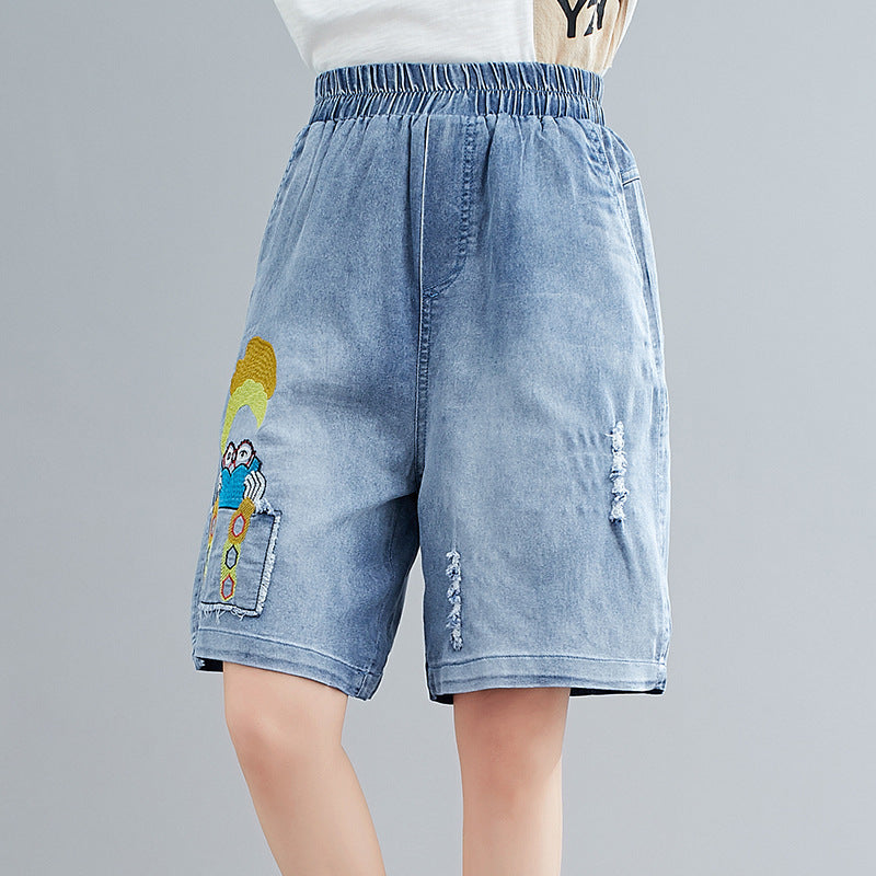 Summer Embroidery Plus Sizes Women Dnim Shorts-Pants-Blue-L-Free Shipping Leatheretro