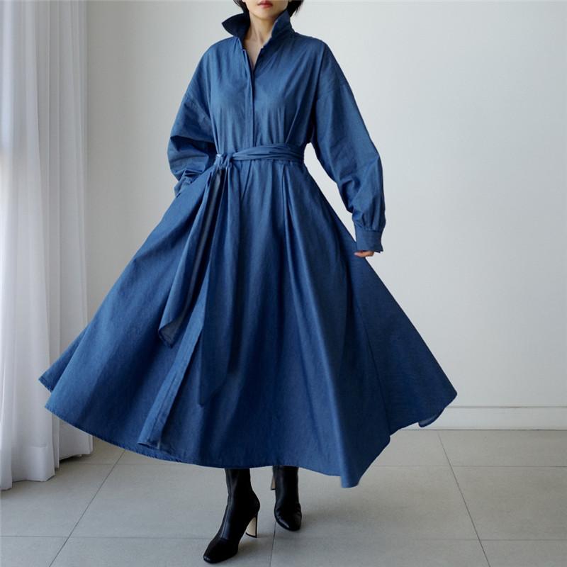 Blue Long Sleeve Loose Denim Shirts Maxi Dresses-Cozy dresses-Blue-S-Free Shipping Leatheretro