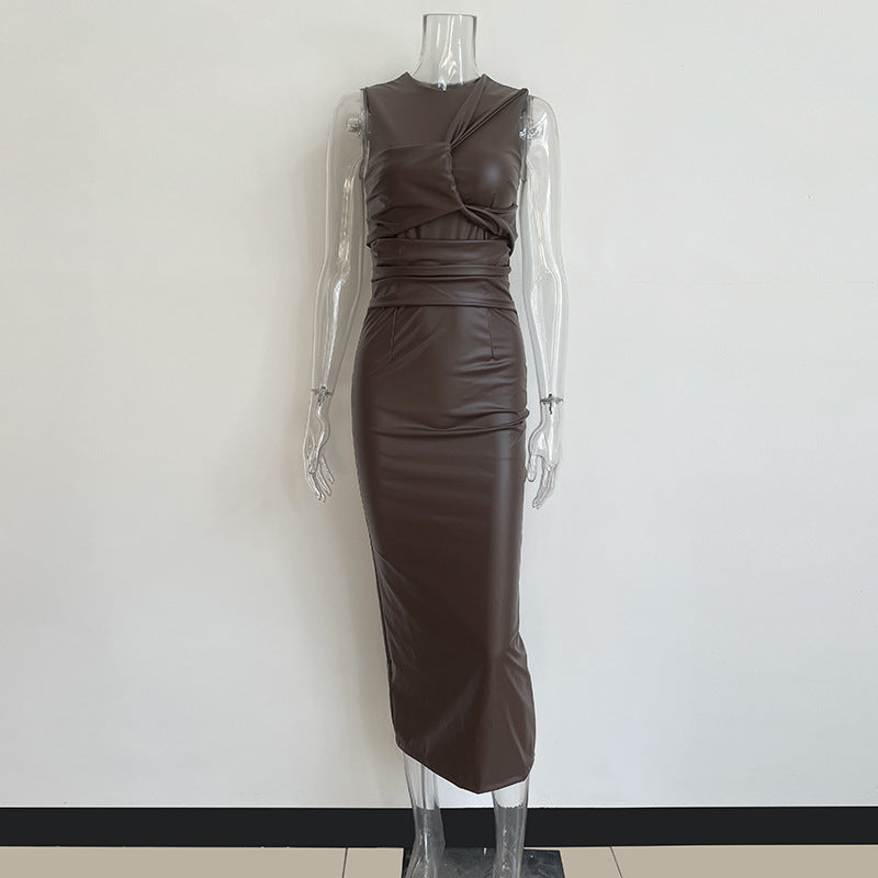 Vintage Irregular PU Leather Sleeveless Long Dresses-Dresses-Brown-S-Free Shipping Leatheretro