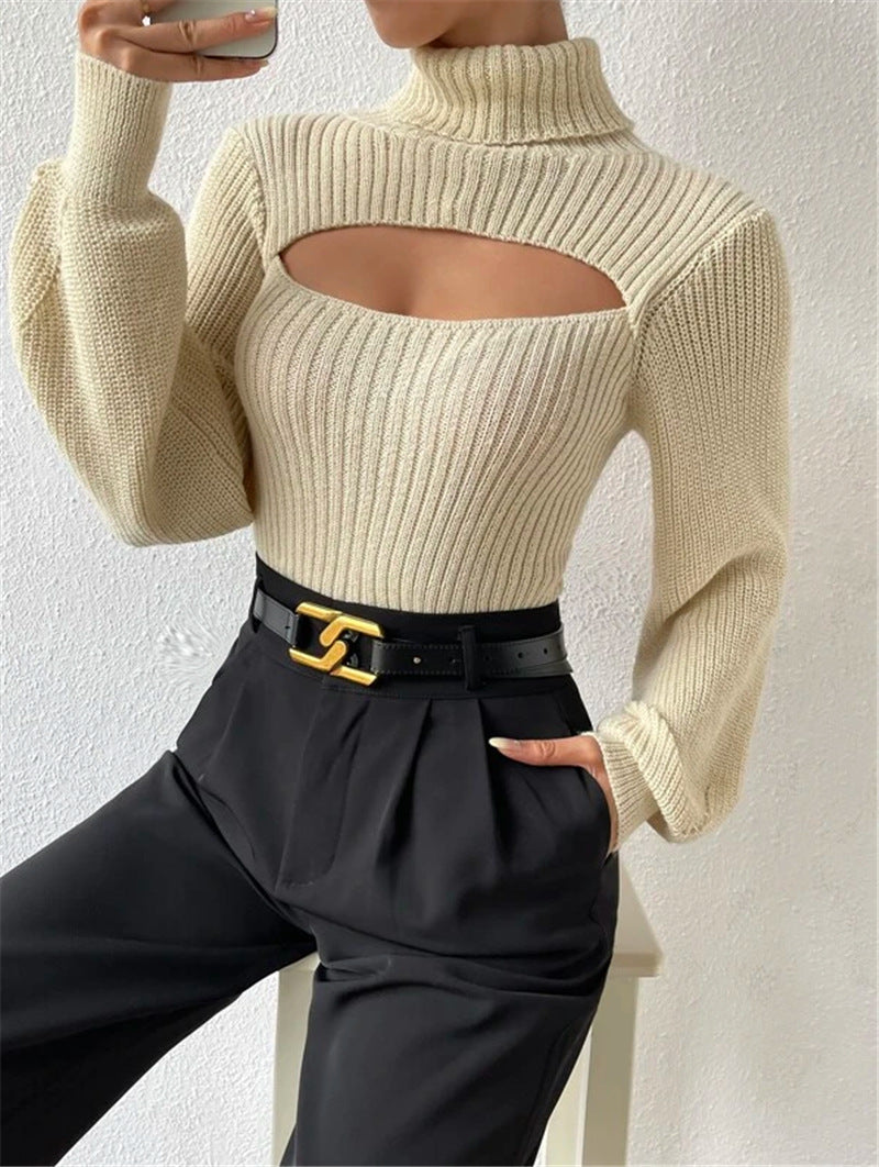 Sexy High Neck Knitted Sweaters-Shirts & Tops-Black-S-Free Shipping Leatheretro