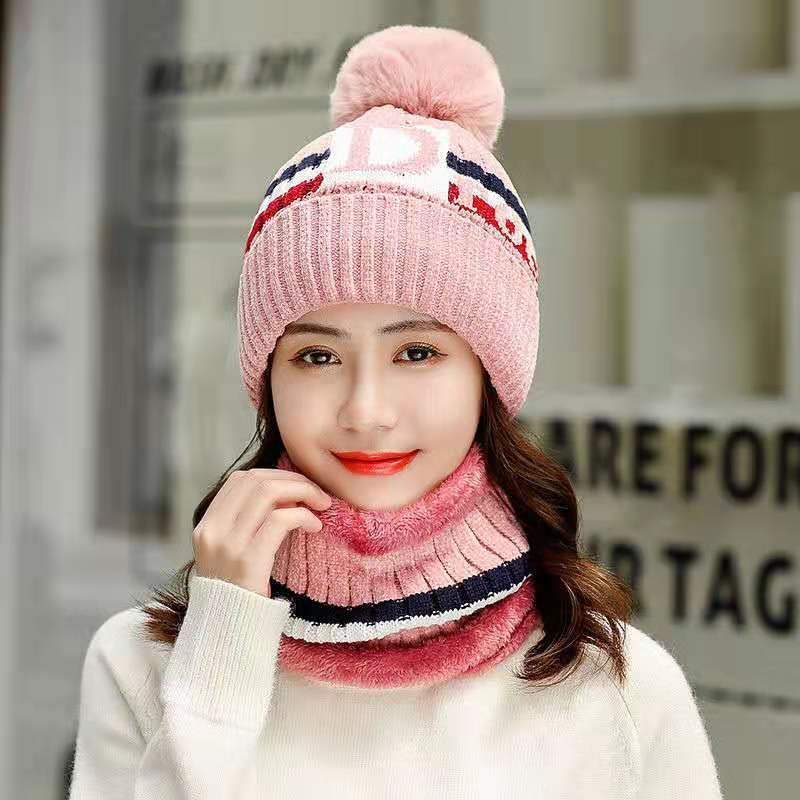 Women Fleeced Lined KnittedWarm Hats+Scarfs-Hats-Pink-56-60cm-Free Shipping Leatheretro