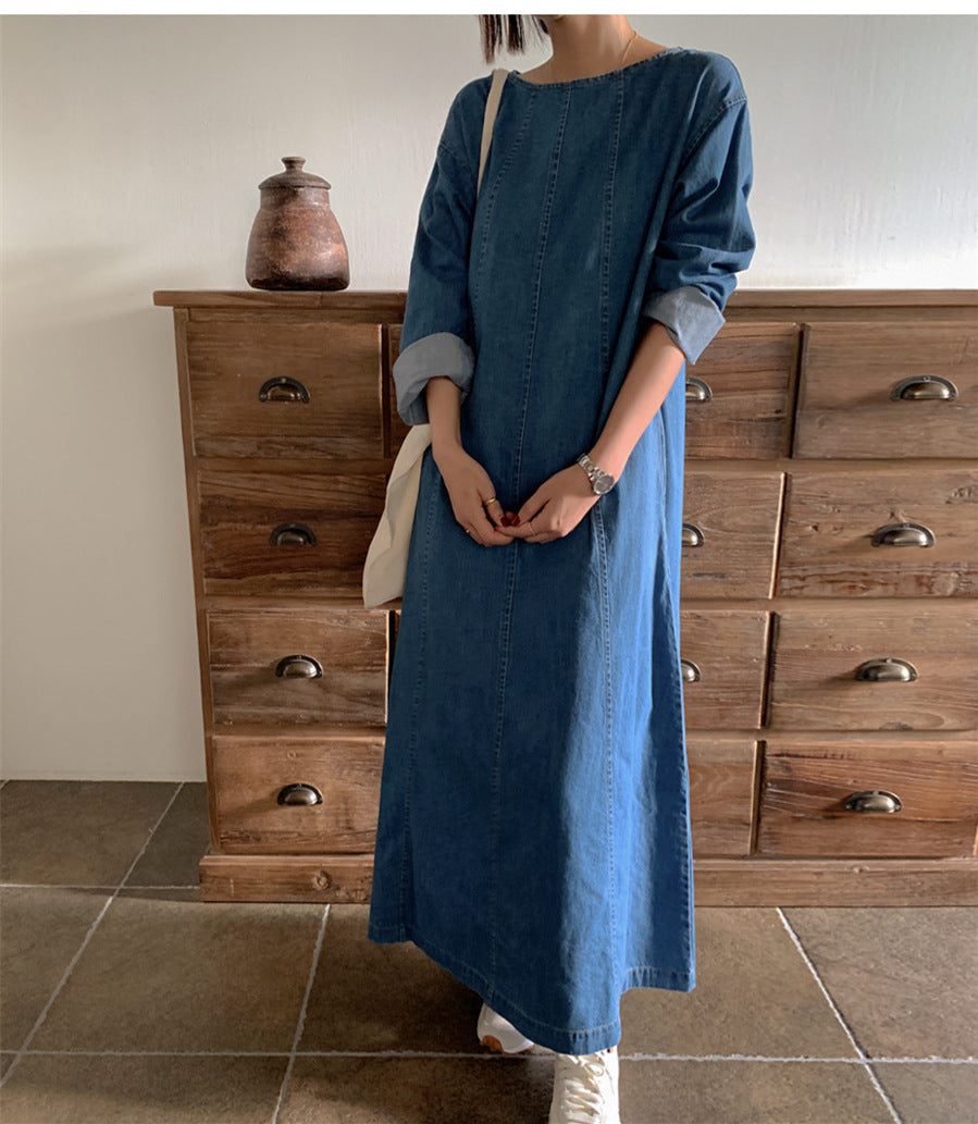 Casual Simple Design Denim Long Cozy Dresses-Dresses-Blue-S-Free Shipping Leatheretro
