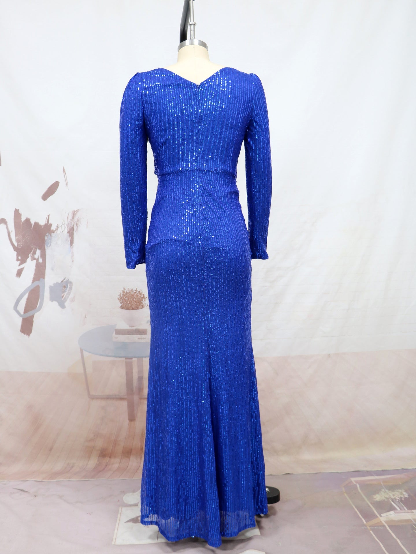 Sexy Long Sleeves Sequined Evening Dresses-Dresses-Blue-S-Free Shipping Leatheretro