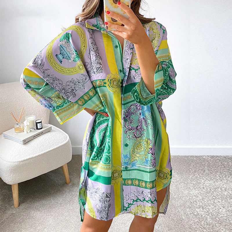 Casual Printed Long Women Loose Shirts-Dresses-Green-S-Free Shipping Leatheretro