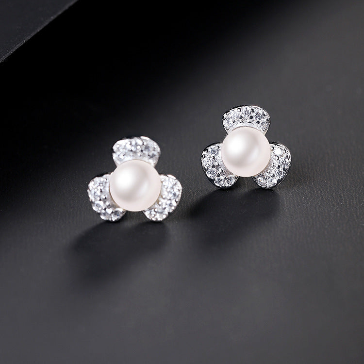 Desined Pearl Sterling Silver Earrings Studs for Women-Earrings-Leaf-Free Shipping Leatheretro
