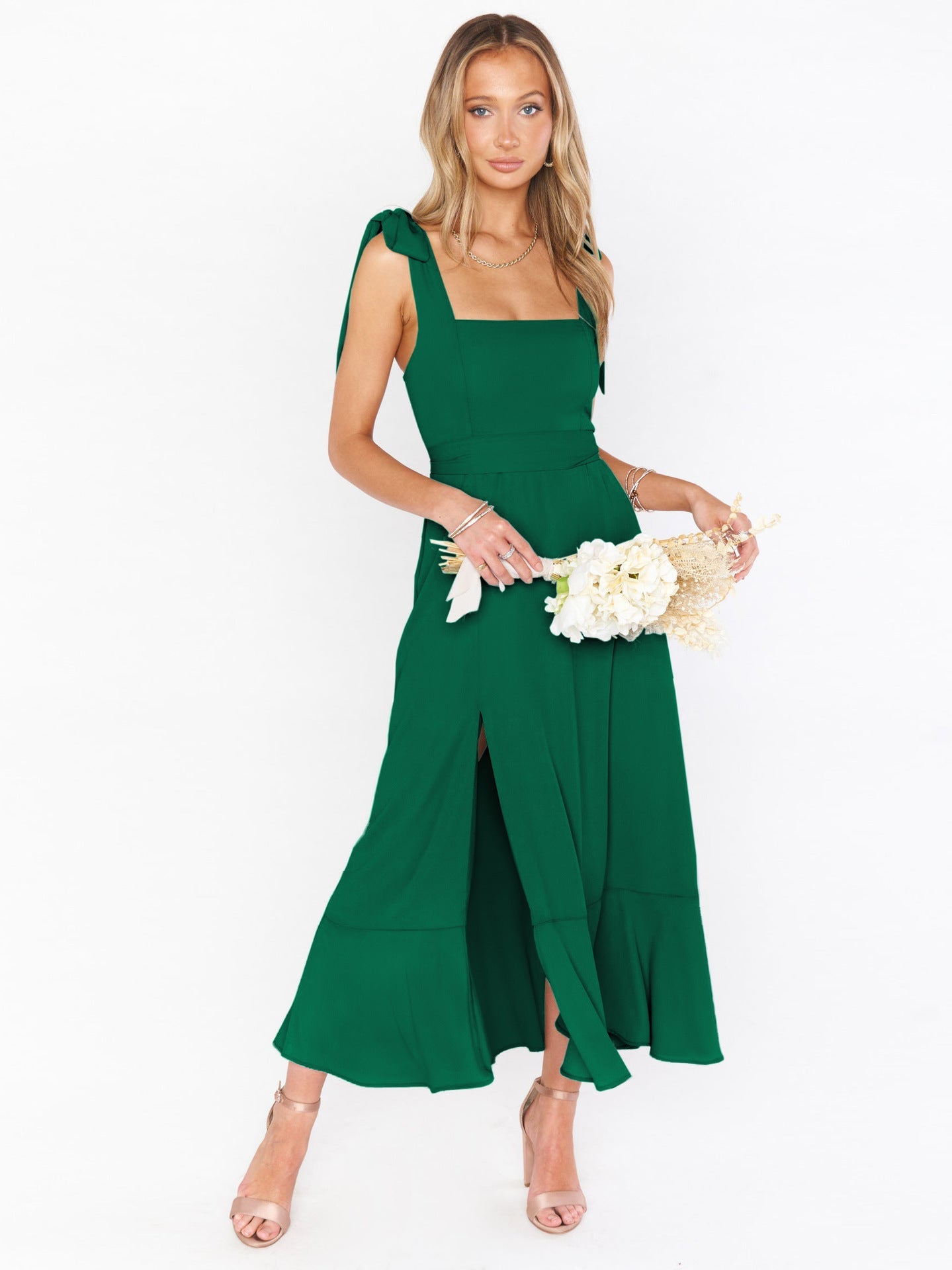 Fashion Summer Split Front Midi Dresses for Women-Dresses-Green-S-Free Shipping Leatheretro