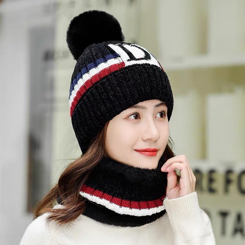 Women Fleeced Lined KnittedWarm Hats+Scarfs-Hats-Khaki-56-60cm-Free Shipping Leatheretro