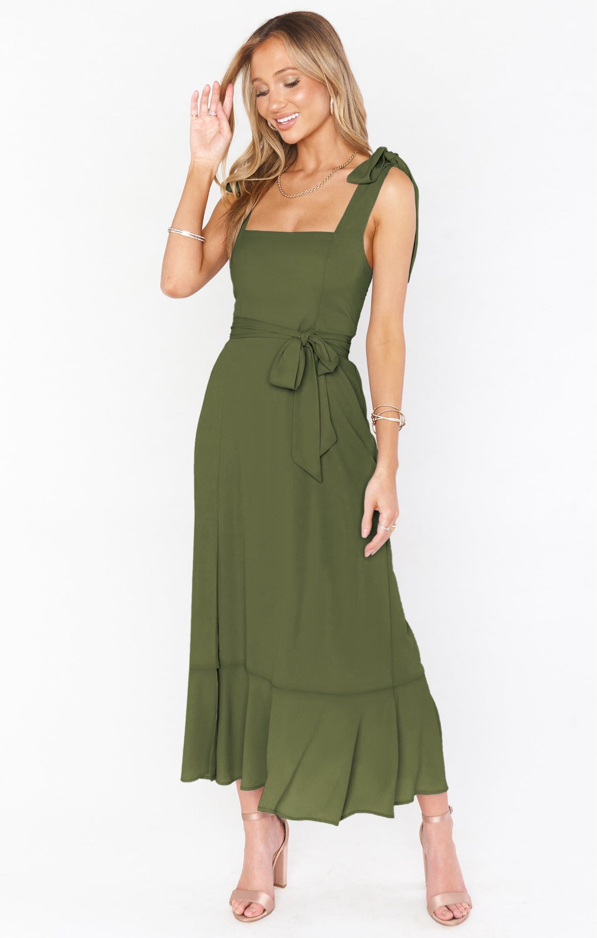 Fashion Summer Split Front Midi Dresses for Women-Dresses-Army Green-S-Free Shipping Leatheretro