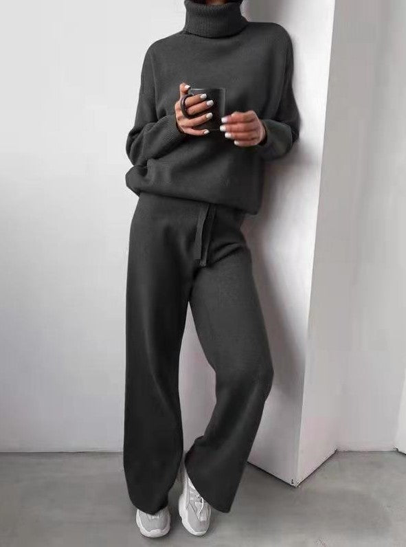 Casual High Neck Two Pieces Knitted Tops & Wide Legs Pants-Suits-Dark Gray-S-Free Shipping Leatheretro