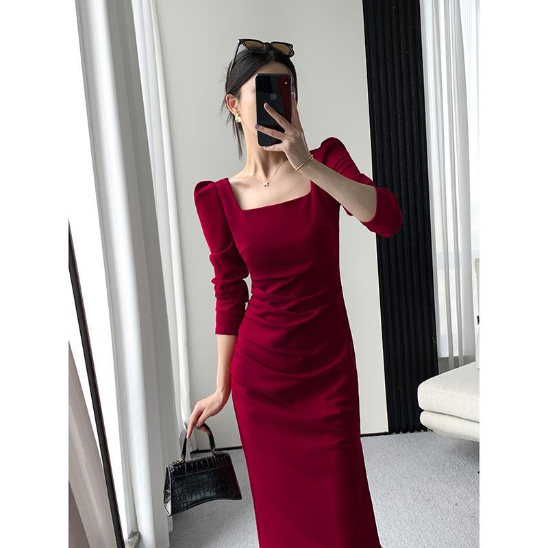 Sexy Square Neckline Long Sleeves Party Dresses-Dresses-Red-S-Free Shipping Leatheretro
