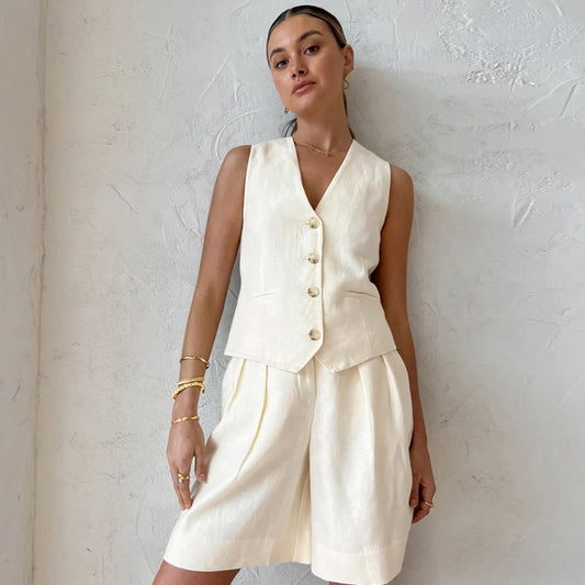 Ivory Cotton Linen Sleeveless Vest and Shorts Suits-Suits-Ivory-S-Free Shipping Leatheretro