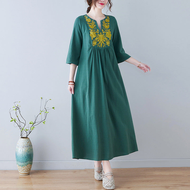 Bohemian Linen Summer Long Dresses-Dresses-Green-M-Free Shipping Leatheretro