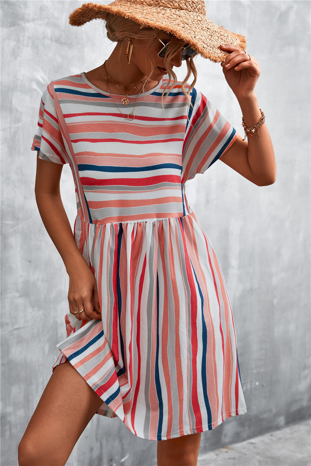 Casual Summer Striped Short Dresses-Dresses-Orange-S-Free Shipping Leatheretro