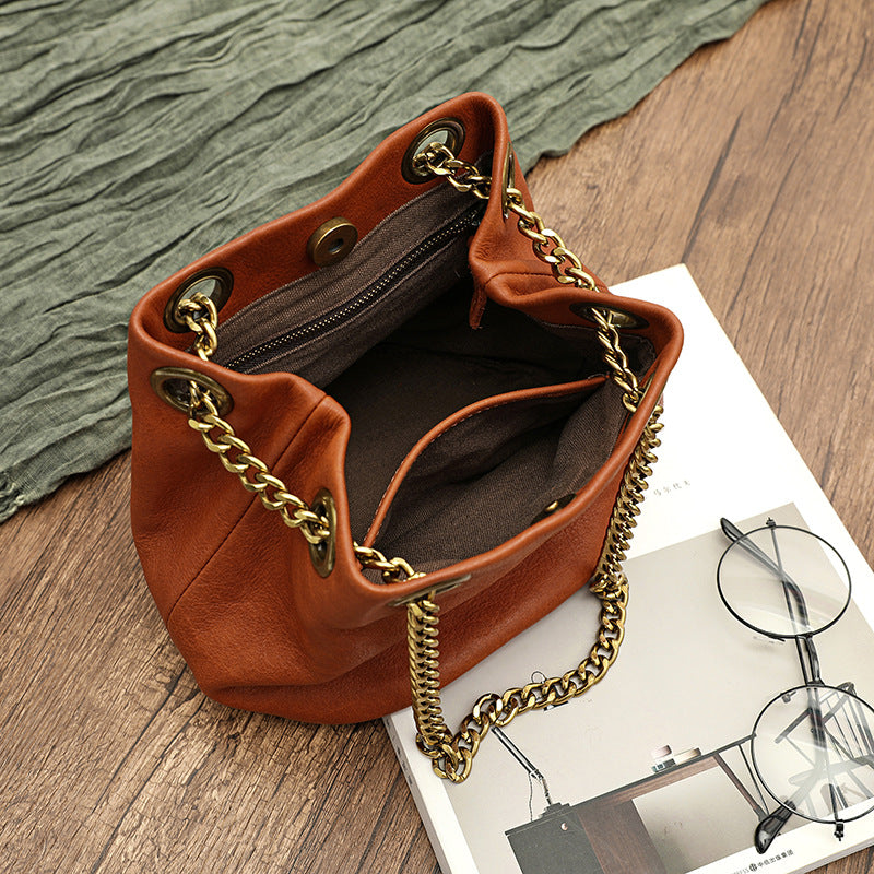 Vintage Vege Tanned Leather Bucket Bag with Chains 21032-Yellow-Free Shipping Leatheretro
