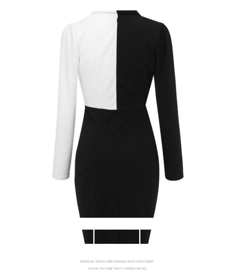 Black and White Fashion Office Lady Long Sleeves Dresses-Dresses-Black&White-S-Free Shipping Leatheretro