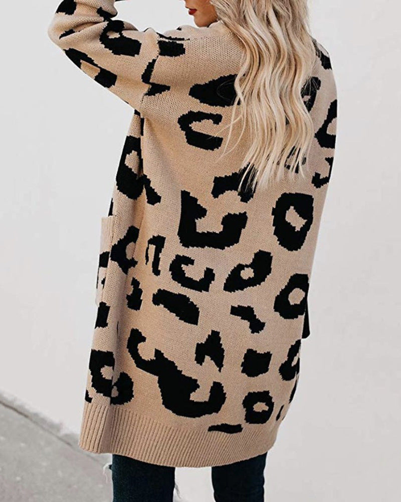 Women Leopard Design Pockets Knitting Cardigans-Shirts & Tops-White-S-Free Shipping Leatheretro