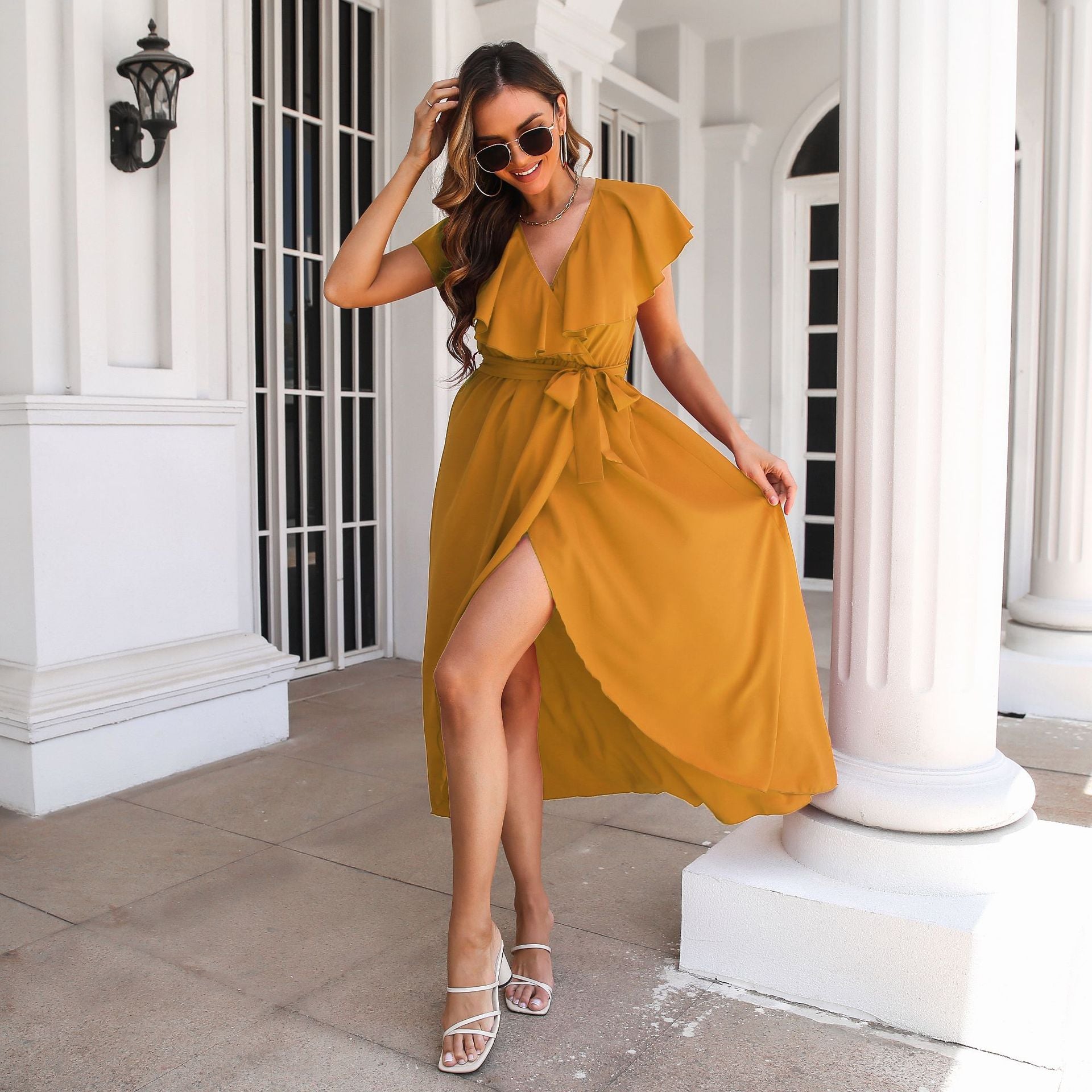 Sexy Ruffled Sleeves Short Dresses-Dresses-Yellow-S-Free Shipping Leatheretro