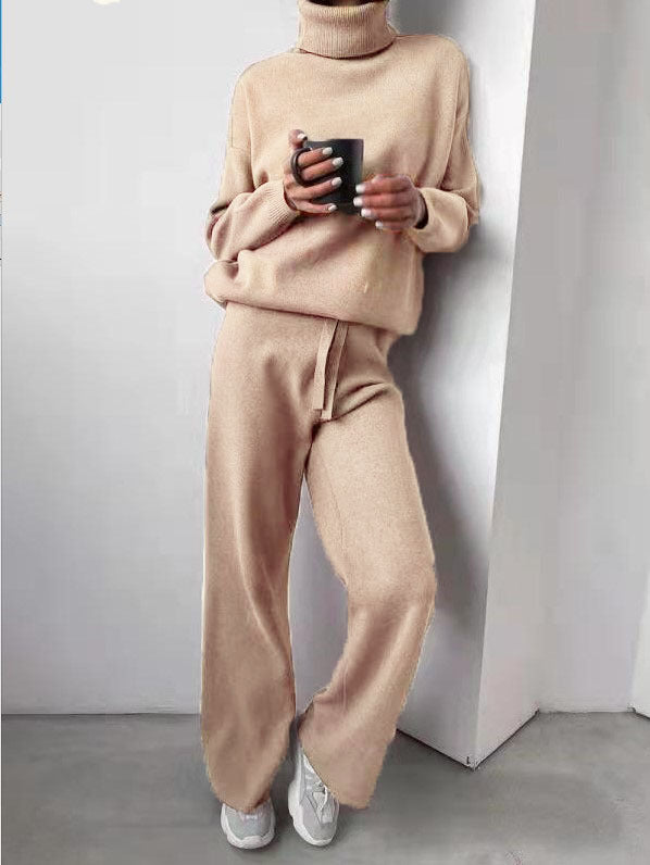 Casual High Neck Two Pieces Knitted Tops & Wide Legs Pants-Suits-Khaki-S-Free Shipping Leatheretro