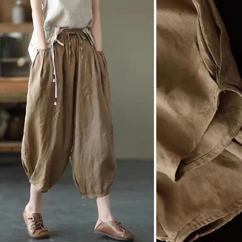 Vintage Elastic Waist Linen Summer Trousers for Women-Pants-Brown-M-Free Shipping Leatheretro