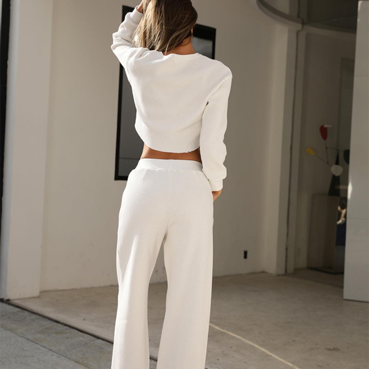 Casual Fall/Winter Two Pieces Tops & Wide Legs Pants-Suits-White-S-Free Shipping Leatheretro