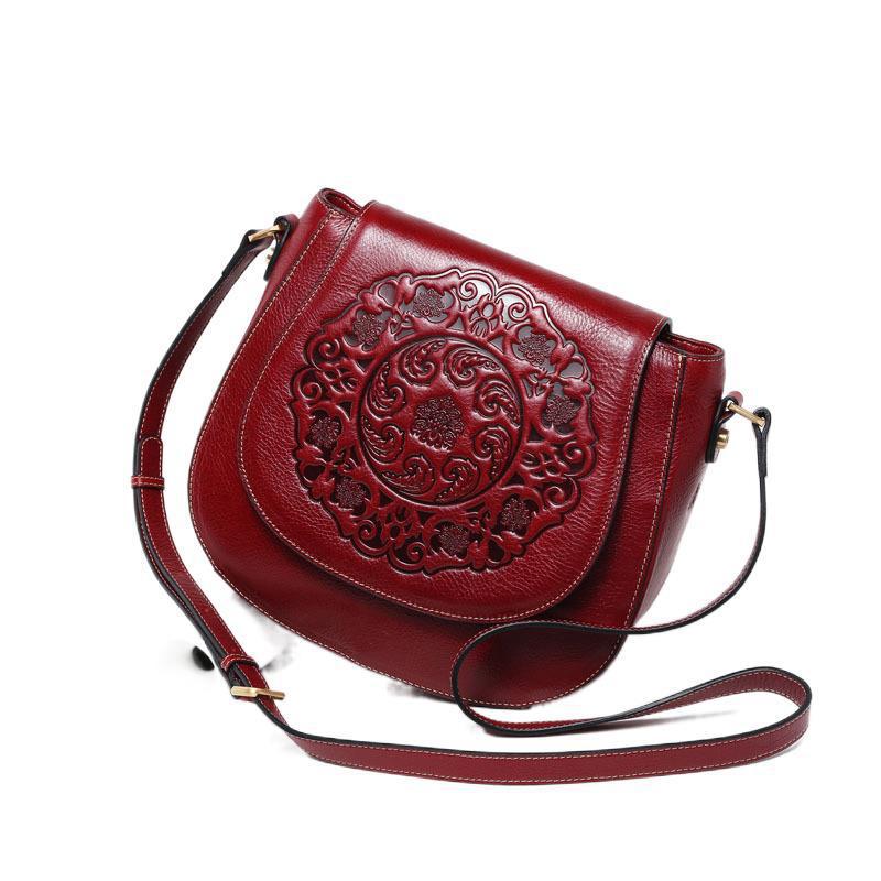 Vintage Cowhide Leather Totem Embossing Shoulder Handbags for Women-Leather Handbags for Women-Red-Free Shipping Leatheretro