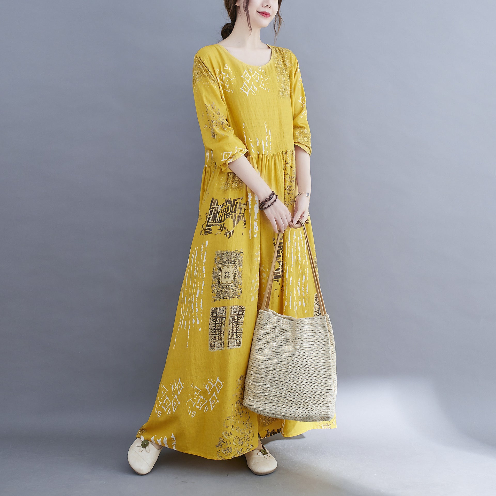 Women Yellow Plus Sizes Long Cozy Dresses-Dresses-Yellow-M-Free Shipping Leatheretro